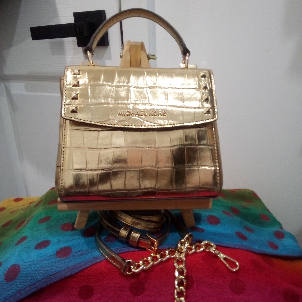 Michael Kors Metallic Gold Croc Embossed Leather Karla Top Handle Bag